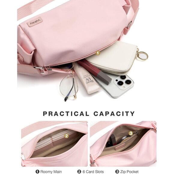 Pink Nylon Crossbody Bag for Women 10.2x3.9x5.1 Inch Small Shoulder Sling Purse - Picture 5 of 7